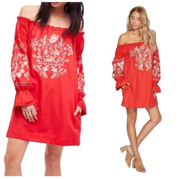 Free People Dress Red L Large Cotton Off Shoulder Embroidered Washable - Picture 1 of 8